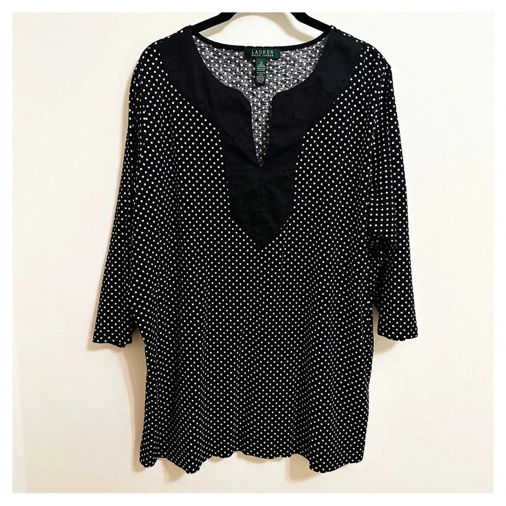 Ralph Lauren Black Polka Dot Split-Neck Women's Top 2X